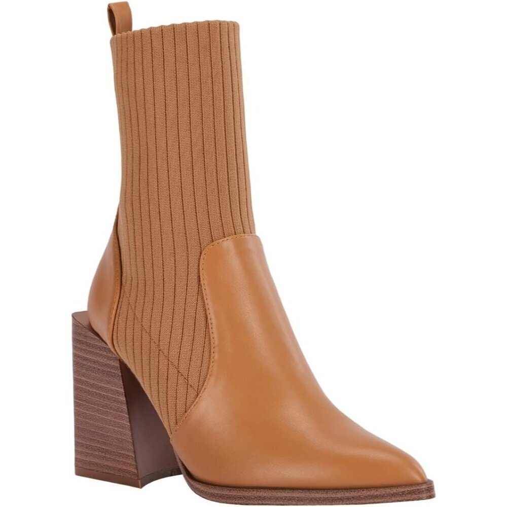 Women's Light Brown Chunky Stacked Heel Ankle Boots Pointed Toe Slip On Booties